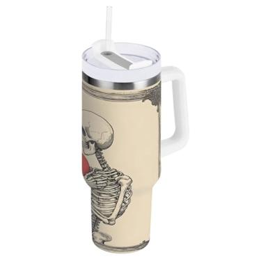 Imagem de STAYTOP Copo de caveira de coração vermelho de 1,134 g com tampa e canudo, copo isolado de aço inoxidável durável à prova de vazamento com alça, garrafas de água à prova de derramamento para viagens