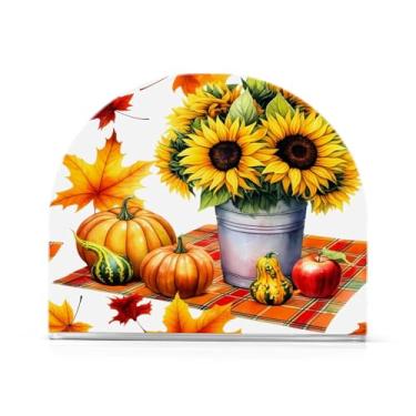 Imagem de Qilmy Dia de Ação de Graças Outono Girassóis Porta-guardanapos de acrílico, Porta-guardanapos para Mesas Cozinha Restaurante Decoração de Casa, Suporte Decorativo Moderno para Jantar Guardanapos de