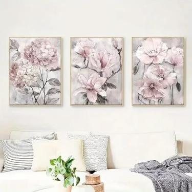 Imagem de 3 peças de pinturas de flores acima do sofá 20 x 30 cm arte de parede presente para casa moderna, escritório, sala de estar, decoração de quarto, pôster de tela sem moldura presente de arte de parede