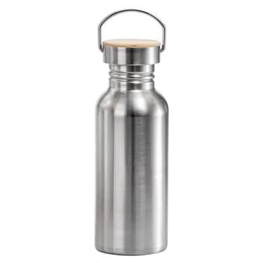 Imagem de Garrafa de água de aço inoxidável não isolada, parede única, alça de transporte e tampa de madeira, 500 ml, para ciclistas, esportes, praia, corredores, caminhantes, piqueniques, à prova de vazamento