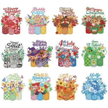 Imagem de Trandraft 12 kits de pintura de diamante sazonal intercambiáveis para adultos, pote de pedreiro 5D, kits de calendário artístico, com moldura para adultos, decoração de mesa de férias, presente de