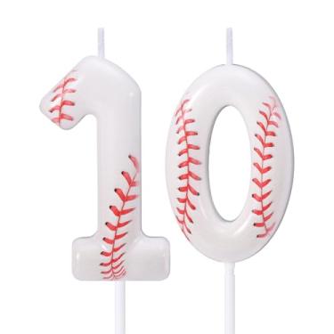 Imagem de Vela de Aniversário Beisebol, Topo de Bolo Beisebol Vermelho e Branco Decoração Bolo com Tema Esportivo para Festas Aniversários e Comemorações (Número 10)