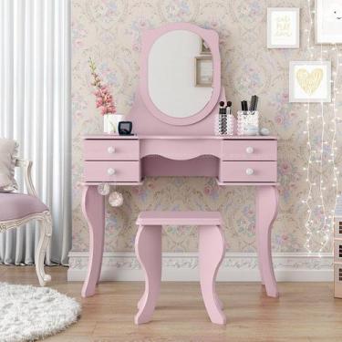 Imagem de Penteadeira Com 04 Gavetas Espelho E Banqueta Princesa Patrimar - Rosa