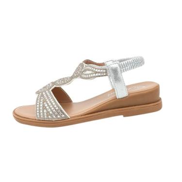 Imagem de Sandálias femininas confortáveis de bico redondo sandálias casuais de praia com salto plataforma de 4 cm para mulheres verão, Prata, 38