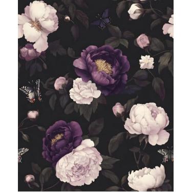Imagem de VOLEAAR Papel de parede floral roxo escuro descascável, vintage preto botânico, papel de parede autoadesivo removível para gaveta de armário de quarto, papel de contato retrô de vinil preto roxo