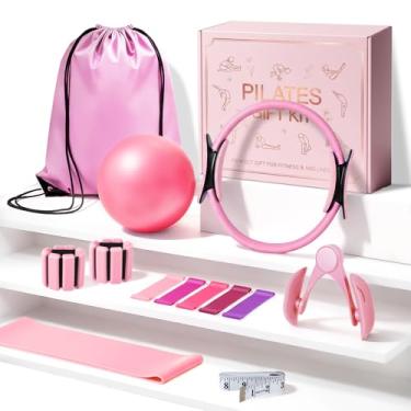 Imagem de Kit de Pilates para mulheres – Kit completo de treino doméstico com círculo mágico, faixas de resistência, mini bola de Pilates, pesos no tornozelo/pulso, bolsa de transporte – Conjunto de presente de