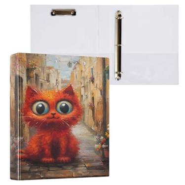 Imagem de Fichários de anel em D de gato vermelho com prancheta de material escolar estético, pasta com prancheta com bolsos