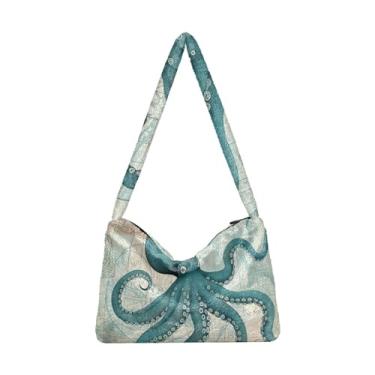 Imagem de GAIGEO Bolsa feminina vintage água-viva coral vida marinha bolsa de ombro feminina, bolsas de outono, Textura de madeira antiga Devilfish Coral Marine Life, One Size