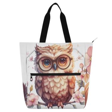 Imagem de GAIGEO Sacola feminina fofa de coruja usando flores para trabalho, lona, escola, bolsa com zíper, carteiro, para amantes de livros