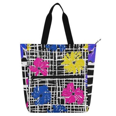 Imagem de Sacola feminina xadrez azul rosa amarelo flores pretas para trabalho bolsa escolar bolsa de livros fofas bolsas infantis presente para amantes de livros