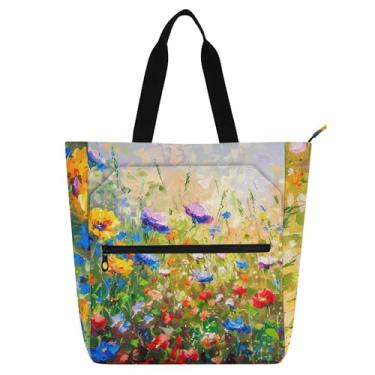 Imagem de GAIGEO Sacola feminina para pintura flores silvestres primavera trabalho bolsas de lona bolsas de lona faculdade escola professor bolsas com compartimentos