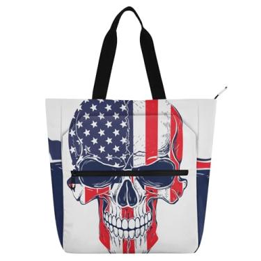 Imagem de GAIGEO Bolsa de trabalho feminina com bandeira americana caveira branca de lona com zíper, bolsa de praia, presente para professores para amantes de livros