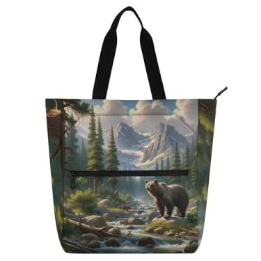 Imagem de Bolsa de trabalho feminina com estampa de urso de paisagem de montanha, bolsas de tecido de lona, faculdade, escola, professores, livros, presente para amantes de livros