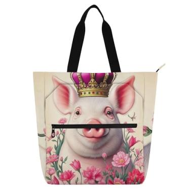 Imagem de Linda bolsa de trabalho com coroa de porco e flor para mulheres, bolsas de lona para faculdade, escola, mensageiro, livros, presentes