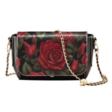 Imagem de Bolsa transversal feminina floral de rosas e folhas verdes, bolsa de ombro de couro médio, bolsa tiracolo feminina de couro, Rosas vermelhas - 4, One Size