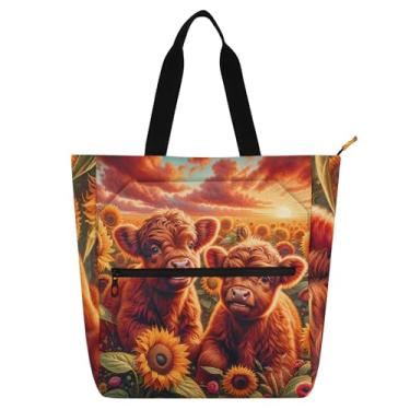 Imagem de GAIGEO Highland Cow Sunflowers Bolsas femininas para trabalho, lona, zíper, bolsa de praia para professores com compartimentos