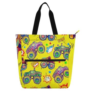 Imagem de GAIGEO Bolsa de trabalho colorida amarela Monster Trucks para mulheres, bolsa de lona com zíper, bolsa de praia para crianças, bolsas fofas para amantes de livros