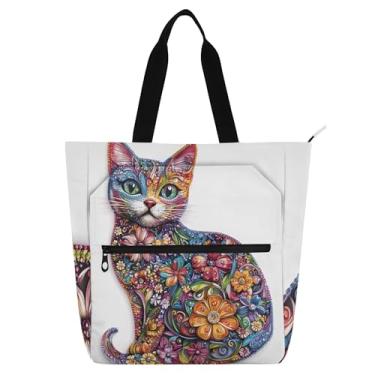 Imagem de GAIGEO Sacola multicolorida com estampa caprichosa de gato para mulheres e crianças, escola, trabalho, bolsa de ombro reutilizável com zíper