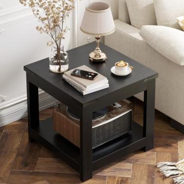 Imagem de Homieasy Mesa de canto quadrada preta, mesa lateral de fazenda de 50 x 50 cm com prateleira de armazenamento, mesa de destaque industrial para sala de estar, quarto, espaço pequeno