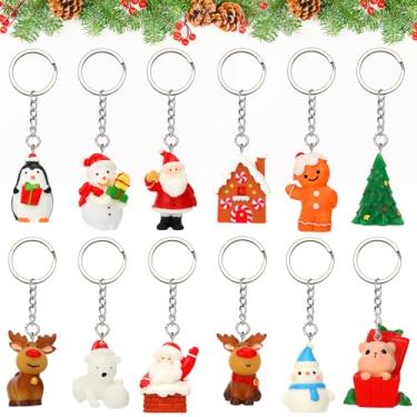 Imagem de DTOFOOT 12 chaveiros de Natal, mini resina Papai Noel, boneco de neve, homem de gengibre, rena, árvore de Natal, anéis para pendurar