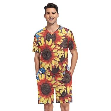 Imagem de GAIGEO Conjunto de pijama masculino curto com bandeira de girassol dos EUA, conjunto de pijama masculino confortável com bolsos para o verão doméstico, P-2GG, Bandeira de girassol dos EUA, G