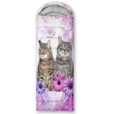 Imagem de AILONEN Saco de dormir de gato floral roxo para crianças, meninas, clima frio e quente, 3 estações, ambientes internos e externos, leve e impermeável para viagem, compressão portátil