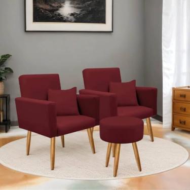 Imagem de Poltrona Decorativa com Puff Sala | Estofada em Suede, Pé Palito Madeira, Conforto e Design Moderno(Bordo)