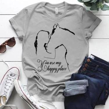 Imagem de Camiseta Feminina Engraçada Com Estampa De Cavalo, Gola Redonda, Manga
