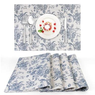 Imagem de Jogo americano de pano floral azul, conjunto de 4, tapetes de linho acolchoados de flores para mesa de jantar de cozinha, tapetes de mesa duráveis laváveis na máquina, 33 x 48 cm