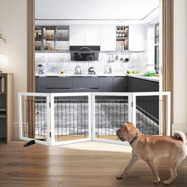Imagem de Cerca interna para cães – Portão independente para cães com 4 painéis para portas, corredores, casa ou escadas - 203 x 61 cm, retrátil e expansível para animais de estimação de madeira da SFJC (branco