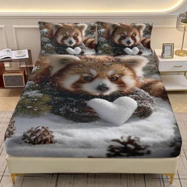 Imagem de AILONEN Jogo de lençol casal com elástico kawaii, panda da neve, adorável panda da neve, com 2 fronhas, 3 peças, animais selvagens de inverno para meninos e meninas