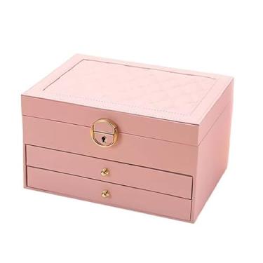Imagem de Maleta Porta Joias Grande de Couro com Chave - Organizador Luxuoso 3 Camadas, Forro Aveludado, Presente Feminino Elegante(Q19/ROSA)