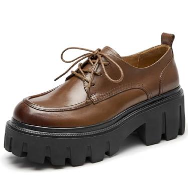 Imagem de BEAU TODAY Oxford plataforma para mulheres, sapatos Oxford para mulheres, sapatos Oxford de couro grosso com cadarços, sapatos casuais confortáveis para trabalho e escritório, Marrom, 37