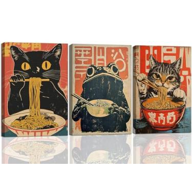 Imagem de 3 peças de arte de parede em tela japonesa preto gato comendo ramen engraçado Japão gatos e sapo impressões vintage bonito Tóquio cozinha imagem decoração de parede para cozinha sala de jantar