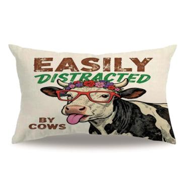 Imagem de Capa de almofada engraçada de vaca de fazenda 30,5 x 50,8 cm, estilo de natureza vaca com flor, fronhas lombares, estilo fazenda, rústico, decoração de casa, para sofá, sofá, varanda, pátio (preto