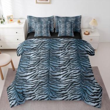 Imagem de Erosebridal Jogo de cama casal com estampa de tigre (azul gradiente) para crianças, adolescentes e adultos | Conjunto de edredom com estampa de animais selvagens, safári, tigre e lençol com estampa de