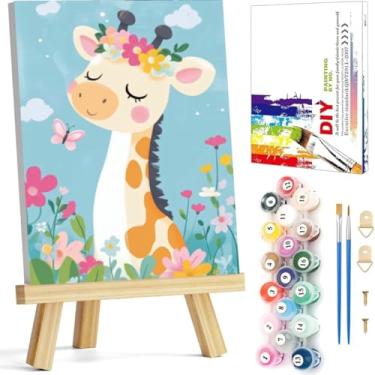 Imagem de Kit de pintura por números para crianças com moldura, pintura de girafa por números para crianças de 8 a 12 anos com cavalete de madeira, pintura a óleo de animais fácil DIY por número infantil para