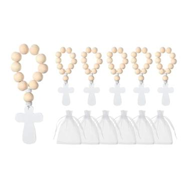 Imagem de KiBcsLic Crucifixo de madeira com rosário e bolsa, cruz decorativa para oração, pingente religioso para mesa de Natal, berçário ou prateleira, 6 Terços, 6 Bolsas