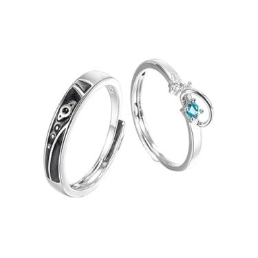 Imagem de Dainty Planet Universe Anéis combinando para casais, mulheres, homens, compromisso, casamento, planeta, estrela, imitação de cristal, aberto, ajustável, banhado a prata, joia de dia dos namorados