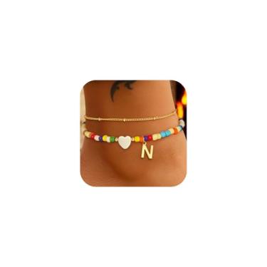 Imagem de Eaciy Tornozeleiras femininas coloridas com inicial inicial de coração banhado a ouro 14 K com inicial de coração em camadas delicadas A - Z, pulseira de tornozeleira colorida em camadas para mulheres
