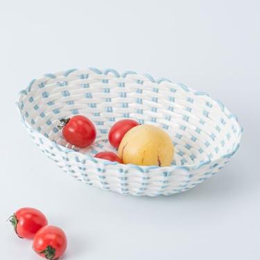 Imagem de PhiDor Cesta decorativa de cerâmica para fruteira, padrão de acento branco e azul, tigela de servir estilo fazenda para exibição de produtos frescos (azul e branco)