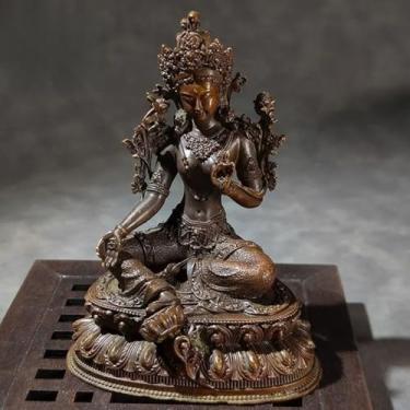 Imagem de FENNYYAR Ornamento de liga de Buda de tara verde antiga oferta de mesa, 10,6 cm 10,7 cm, estátua de bodhisattva tantra coleção de bronze nepalês