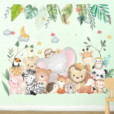 Imagem de 2 folhas de adesivos de parede animais gigantes da selva 90 cm x 30 cm elefante girafa leão macaco coala zebra safári adesivos de parede filme papel de parede berçário crianças creche quarto sala de