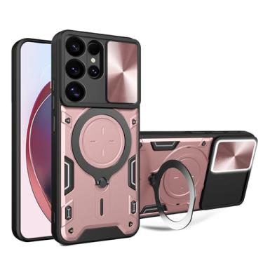 Imagem de POYUFRG Capa à prova de choque para Samsung Galaxy S26 Ultra/S26 Plus/S26, capa magnética militar com suporte magnético resistente com capa de proteção de lente deslizante, rosa, S26 Ultra