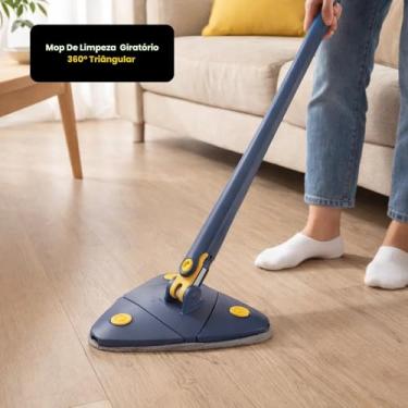 Imagem de Mop de Limpeza Giratório 360° Triangular com Refil de Microfibra, Cabo 109cm, Base Articulada, Azul e Amarelo