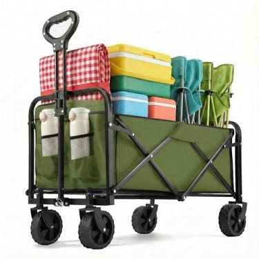 Imagem de Vagão dobrável de 99,8 kg, carrinhos resistentes dobráveis, vagões portáteis para mantimentos, carrinho de praia com rodas todo-o-terreno e suportes para bebidas, vagões utilitários para compras