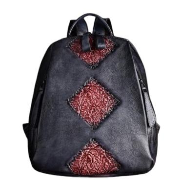 Imagem de Transversal Mochila feminina de couro curtido vegetal – bolsa retrô com vários bolsos e grande capacidade, estilo vintage(Black and purple)