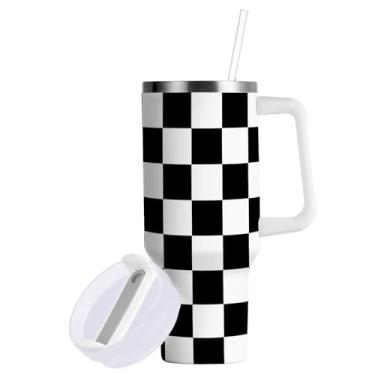 Imagem de Copo de 1,134 g com canudo e alça - Copos 2 em 1 à prova de vazamento - Copo grande de aço inoxidável isolado - Garrafa de água sem BPA Caneca de metal de viagem para mulheres e homens, xadrez xadrez