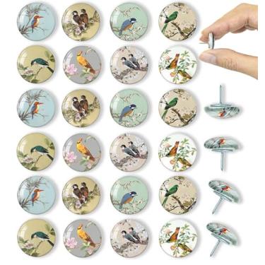 Imagem de 24 peças de pinos e tachinhas decorativas de pássaros, tachinhas de polegar para quadro de avisos, tachinhas de cortiça, quadro de pinos para quadro de cortiça, decoração de escritório ou decoração de