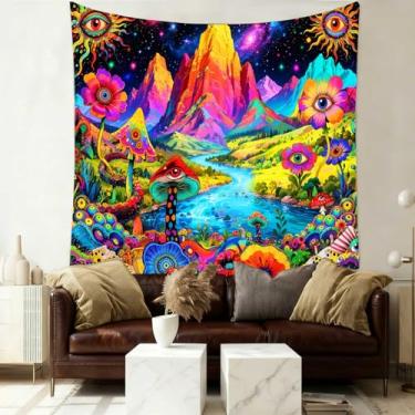 Imagem de SHRAPHY Tapeçaria de cogumelo olhos flores montanhas coloridas nebulosas cósmicas luzes neon parede plantas naturais rios interessante mandala retrô fantasia quarto dormitório sala de estar decoração